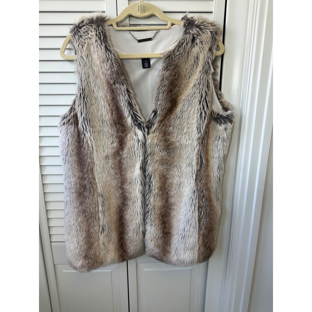 White House Black Market Faux Fur Vest Brown Cream Sleeveless M